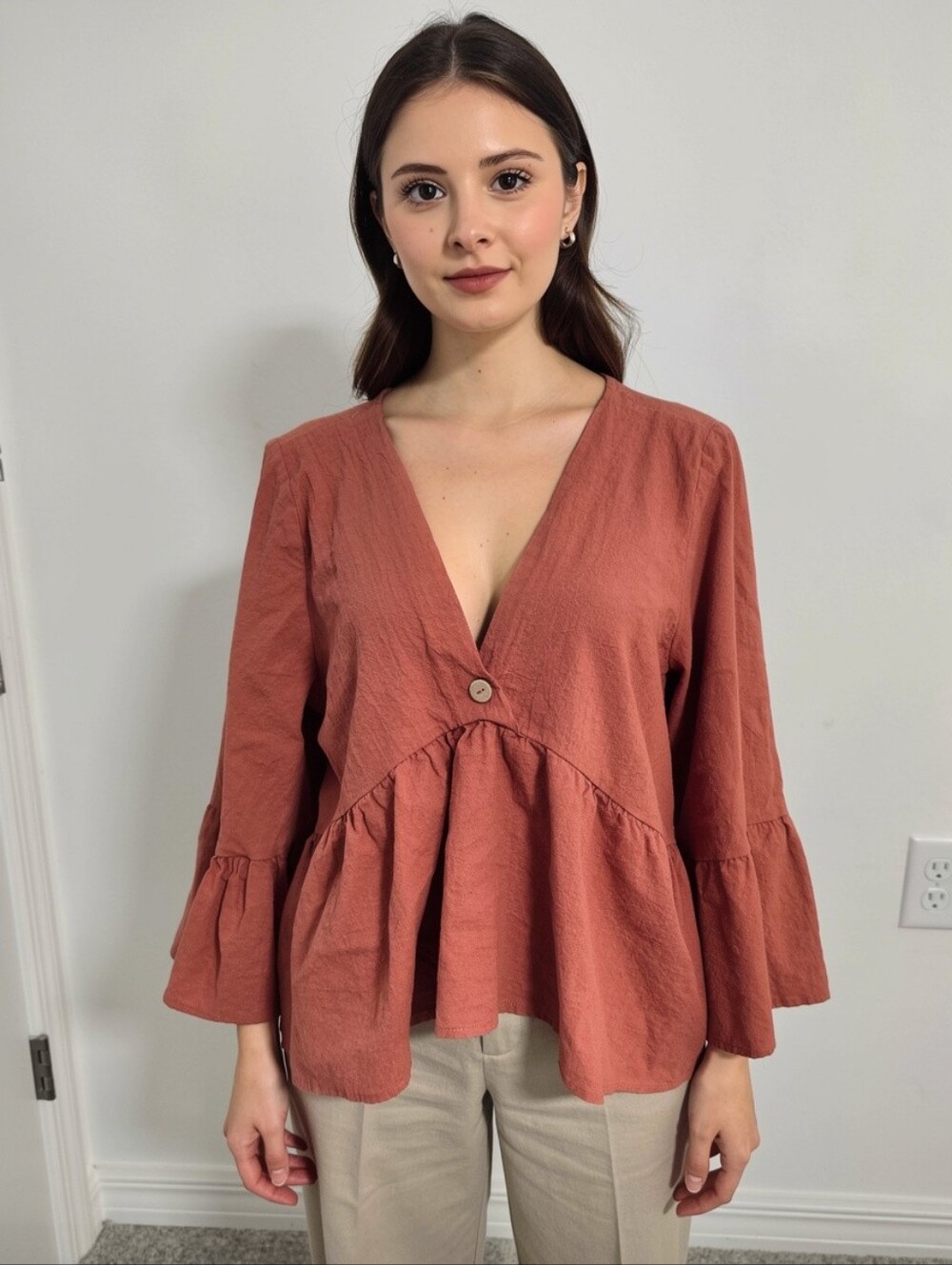 V-Neck Peplum Blouse in Terracotta